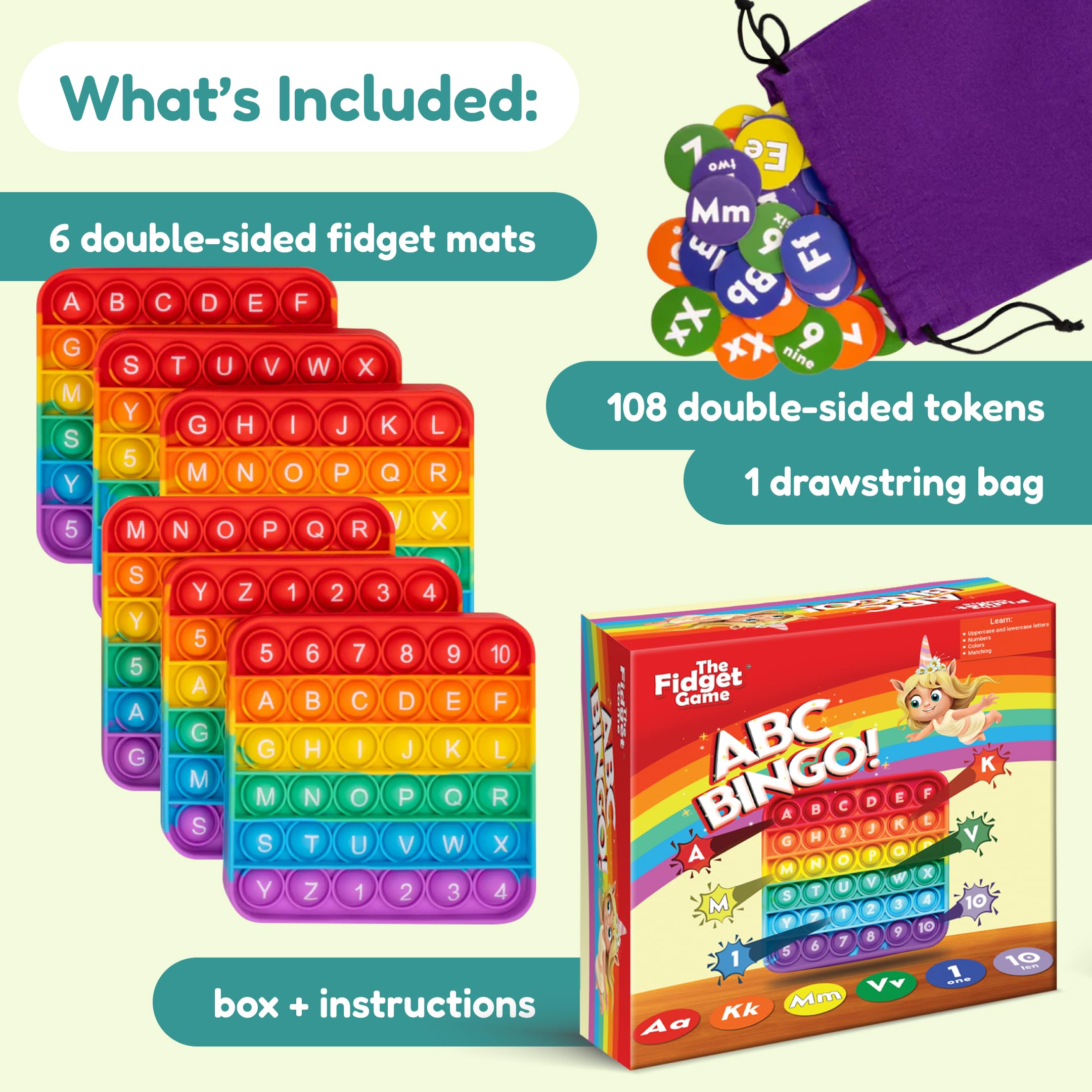 The Fidget Game colorful tokens add visual cues that reinforce color and number recognition.