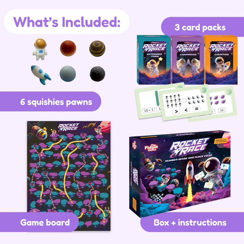 The Fidget Game Rocket Race manipulatives support hands-on number sense practice.