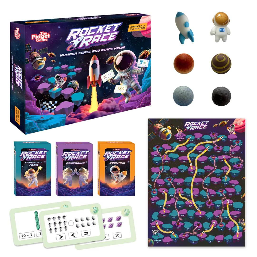 The Fidget Game Rocket Race space cards engage visual learners in early math exploration.
