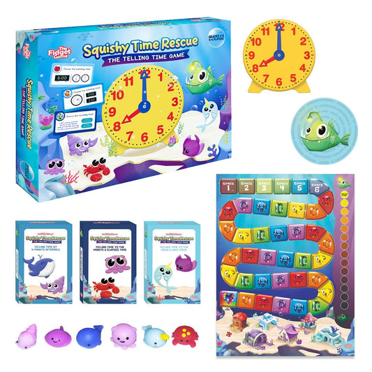 The Fidget Game Squishy Time Rescue time card deck supports time-telling practice through playful learning