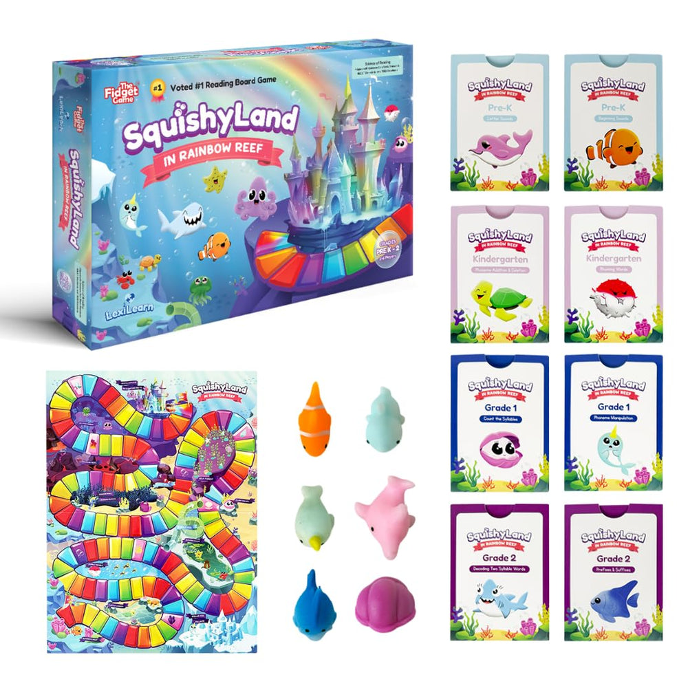 The Fidget Game SquishyLand Rainbow Reef board game scene enhances early literacy and family fun.