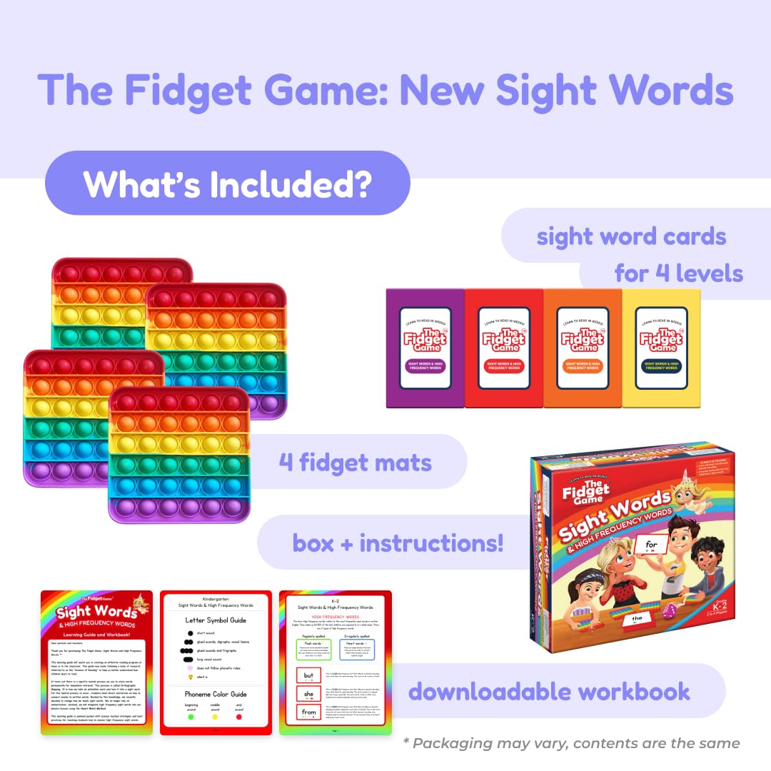 The Fidget Game grade cards organize high-frequency words by level.