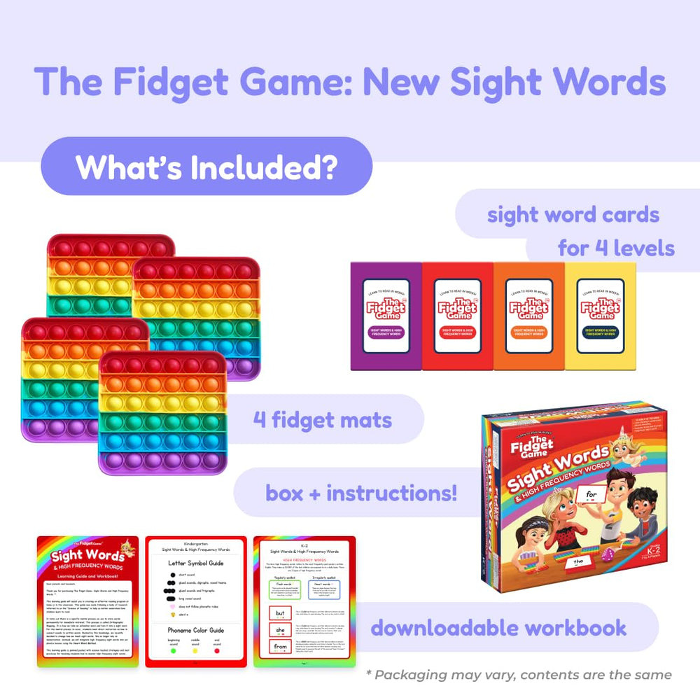 The Fidget Game grade cards organize high-frequency words by level.