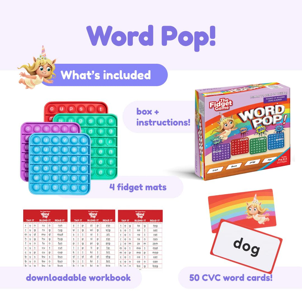 The Fidget Game popping mat adds fun breaks during reading practice.