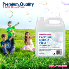 Bubble machine pouring Glowhouse solution creating vibrant, high-output bubbles for events.