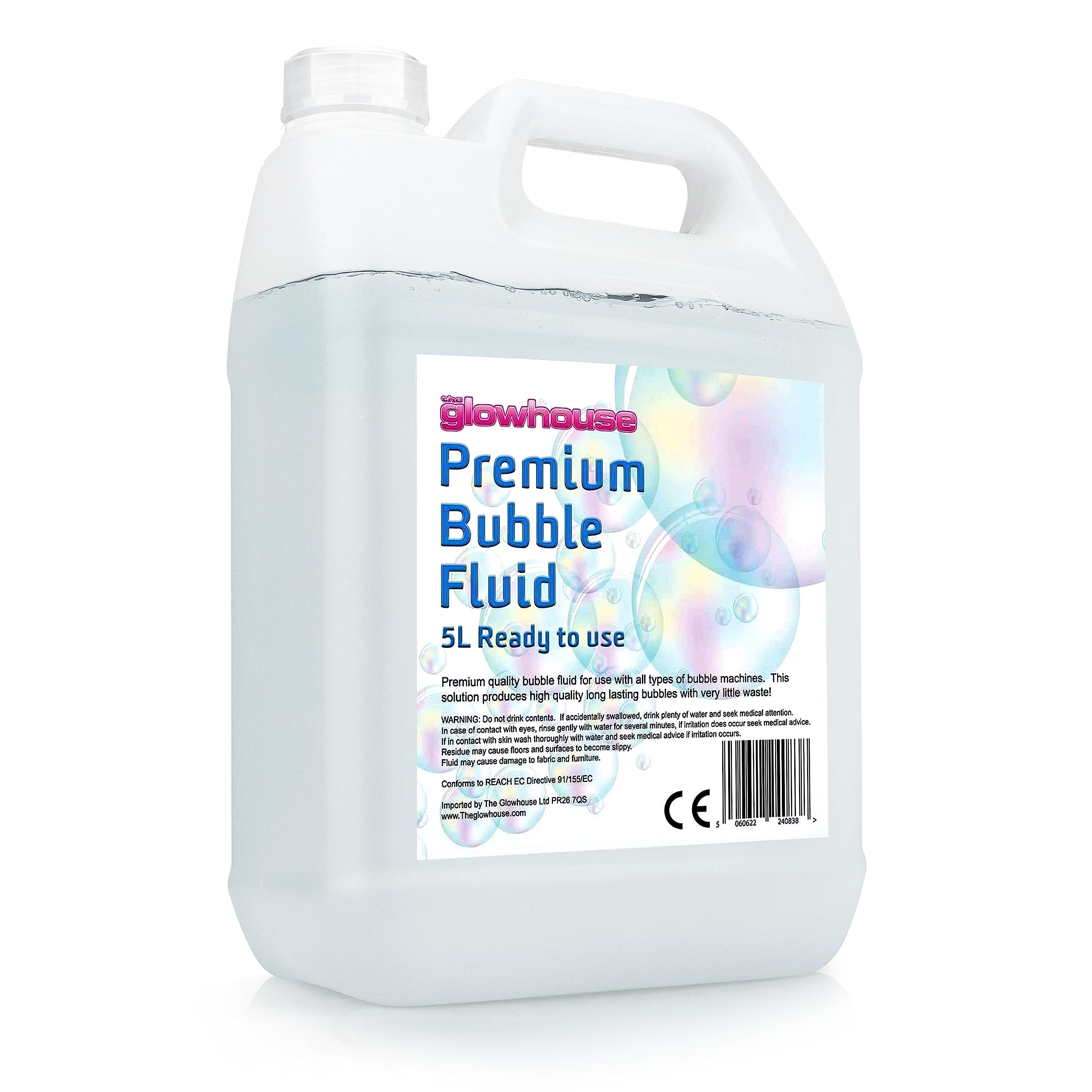 The Glowhouse Premium Bubble Solution bottle ready to refill bubble machines for long-lasting bubbles.