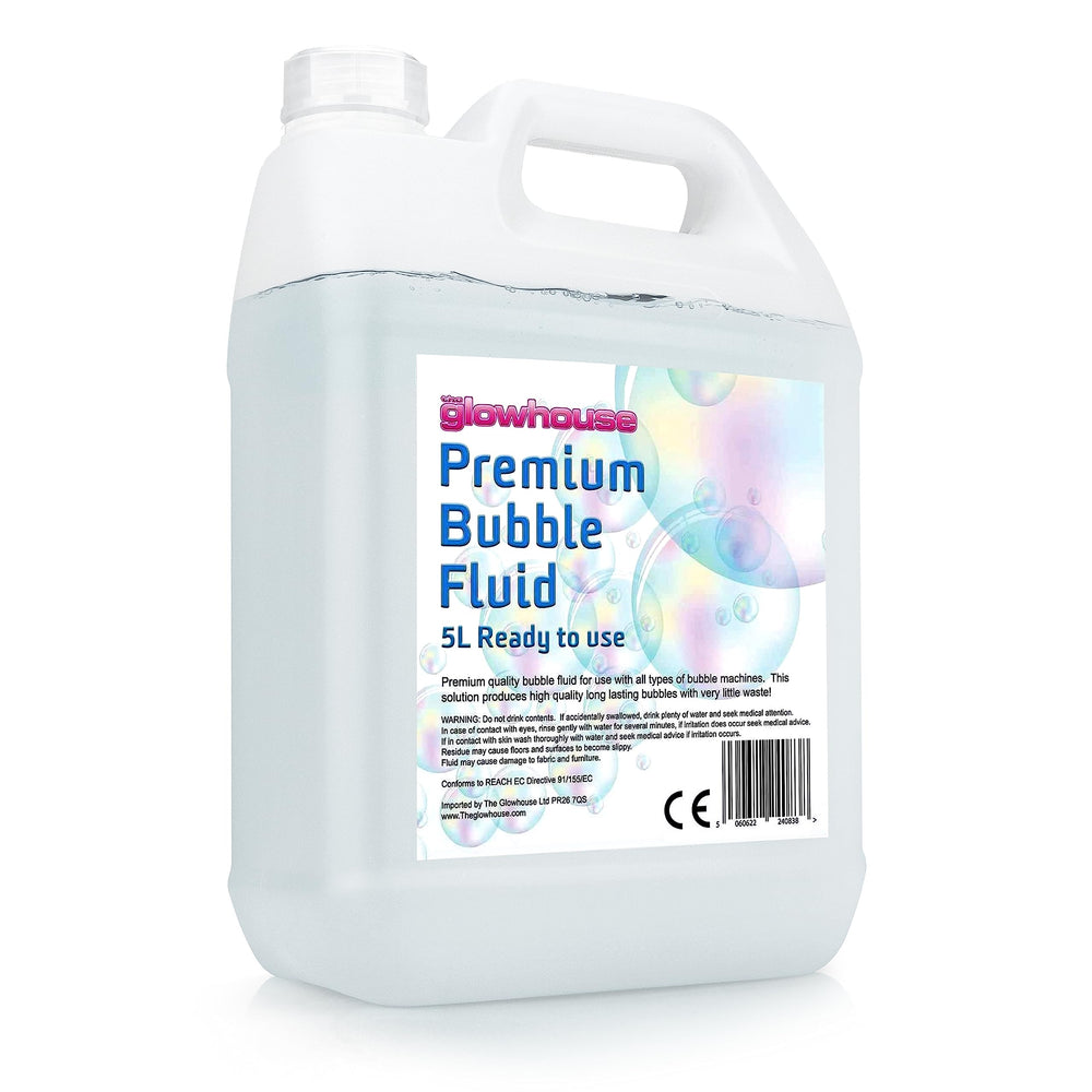 The Glowhouse Premium Bubble Solution bottle ready to refill bubble machines for long-lasting bubbles.
