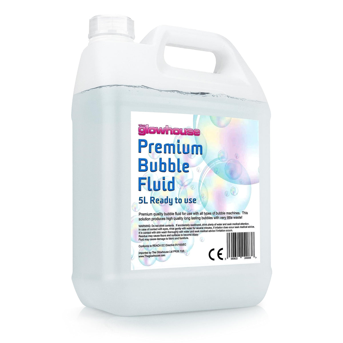 The Glowhouse Premium Bubble Solution bottle ready to refill bubble machines for long-lasting bubbles.