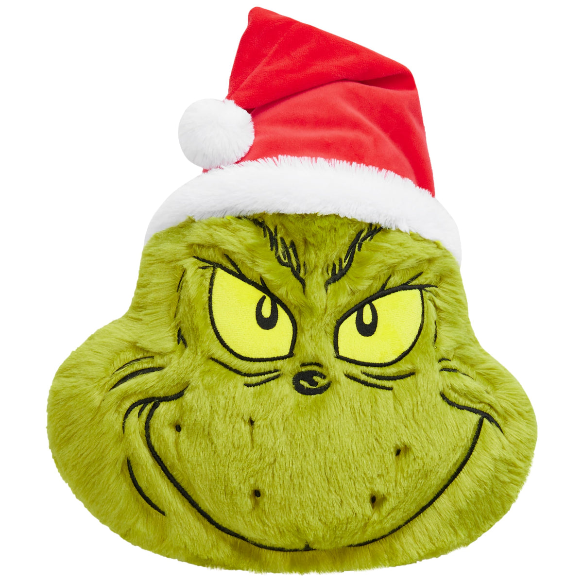 The Grinch 3D plush pillow with Santa hat enhances festive bed or sofa decor.