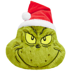 The Grinch 3D plush pillow with Santa hat enhances festive bed or sofa decor.