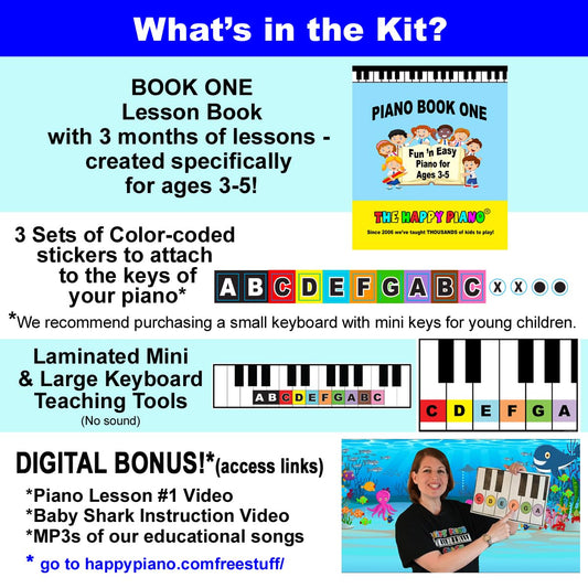 The Happy Piano Kit lesson book signals a structured, kid-friendly piano journey for ages 3-5.