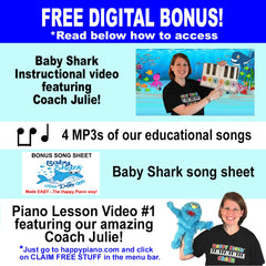 The Happy Piano Kit sticker sets help kids personalize practice while learning notes.