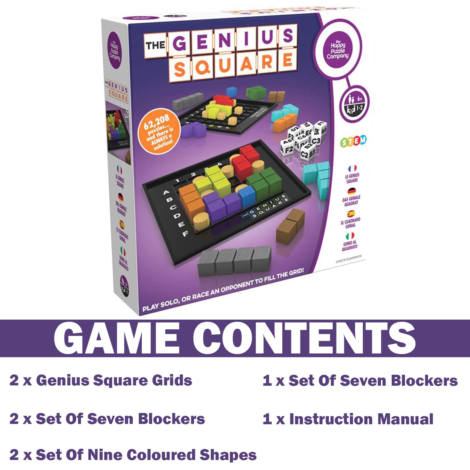 Bright colored shapes on The Genius Square to challenge spatial reasoning