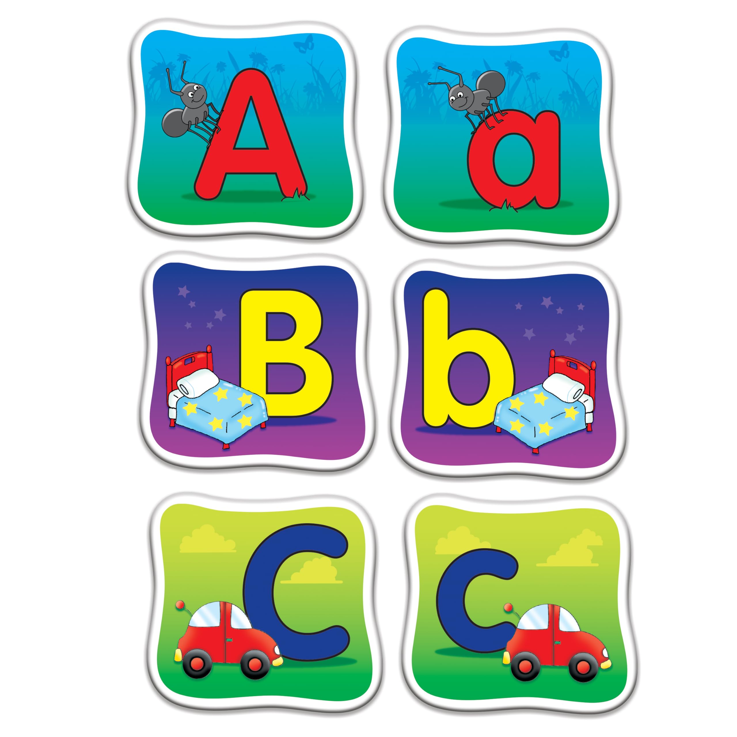 The Learning Journey card layout flat-lay displaying colorful uppercase and lowercase pairs for easy learning