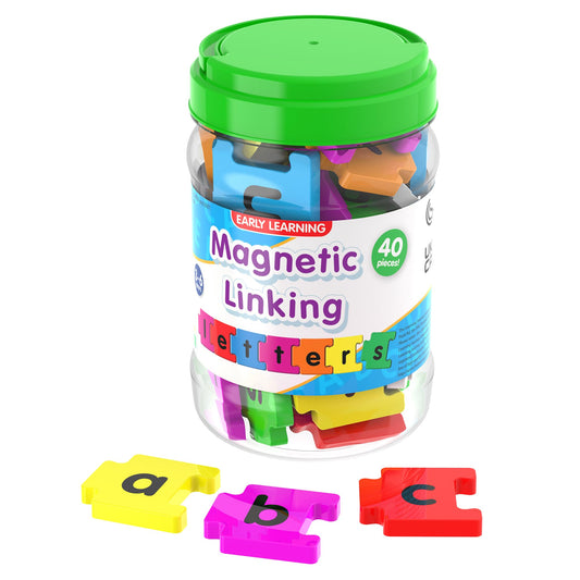 The Learning Journey jar front view showing colorful lowercase magnetic letters for tidy storage