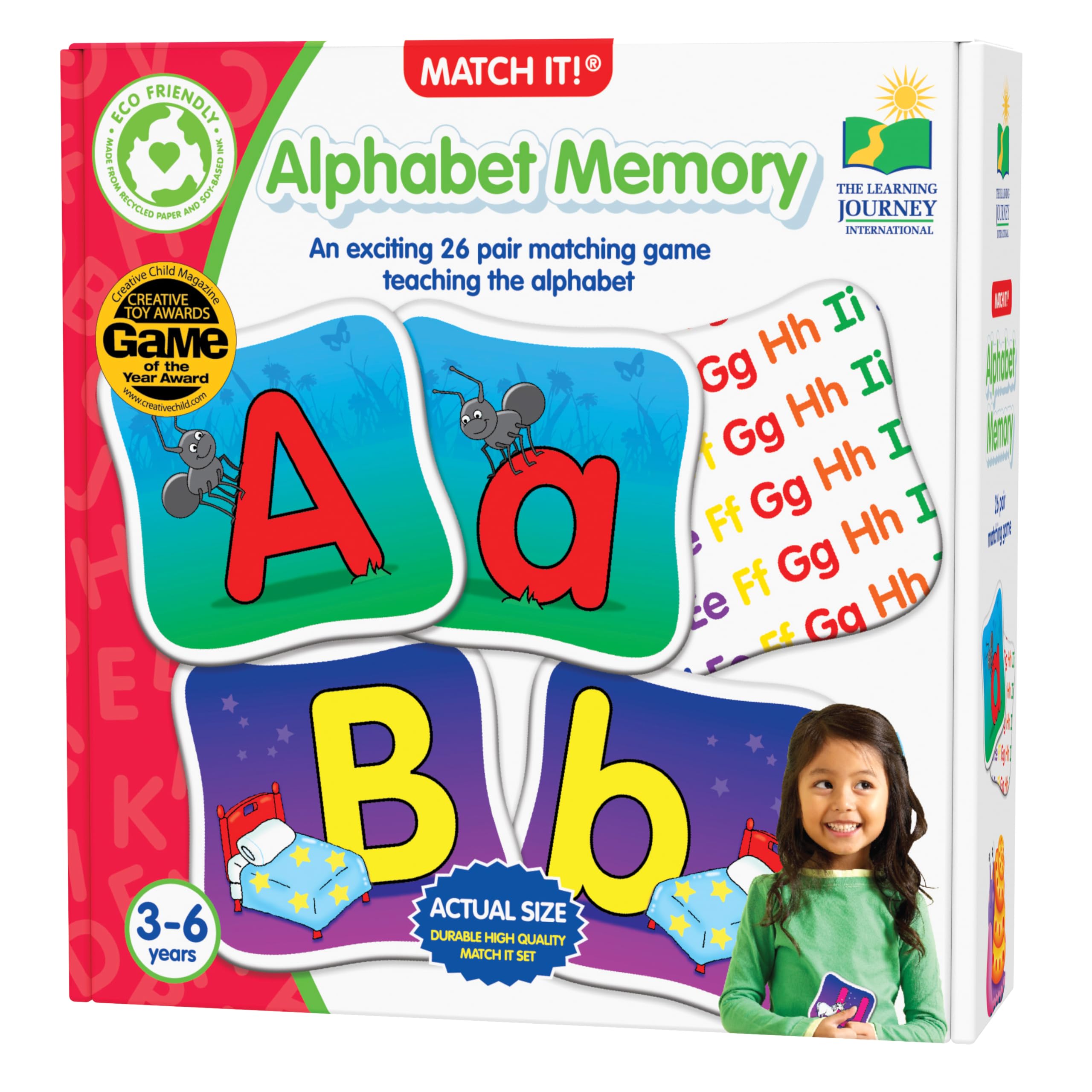 The Learning Journey front packaging showing game title and 26 pairs for quick identification and portability
