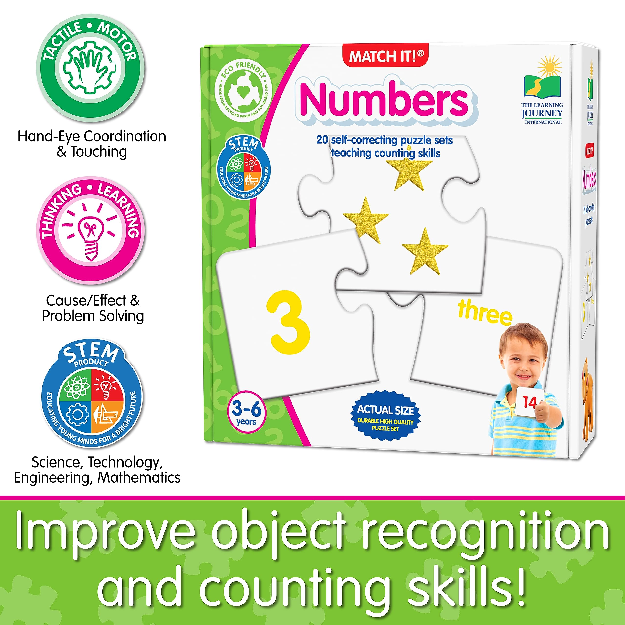 The Learning Journey Match It! Numbers durable cardboard cards support repeated use and motor skill development.