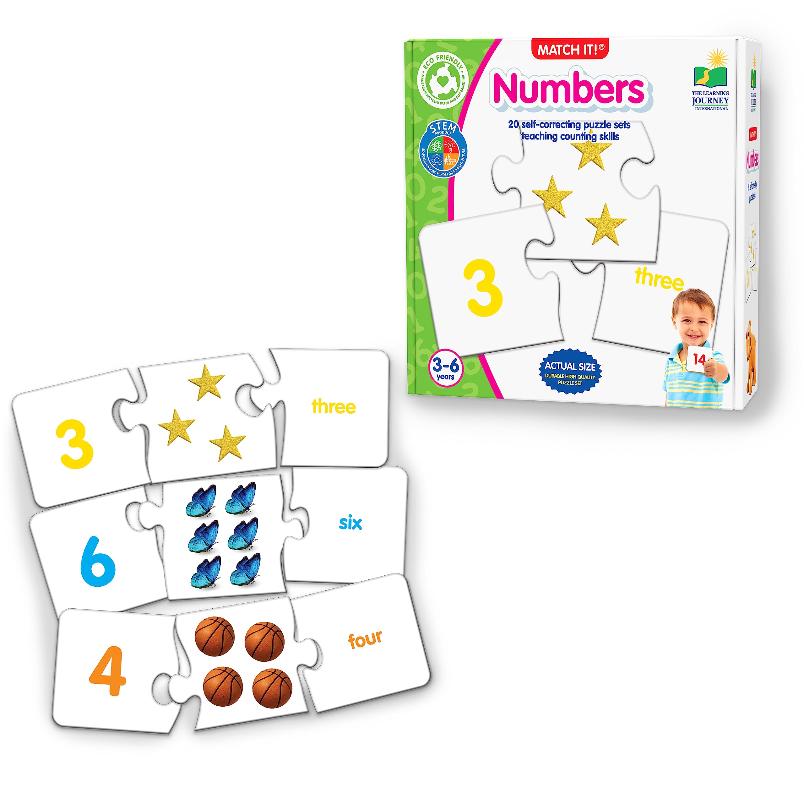 The Learning Journey Match It! Numbers three-piece puzzle supports early numeracy.