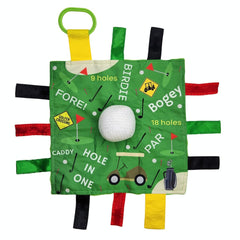 The Learning Lovey Baby Jack Co 10x10 golf ball lovey offers tactile exploration.