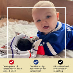 The Learning Lovey BPA-free materials support safe, worry-free teething and play.