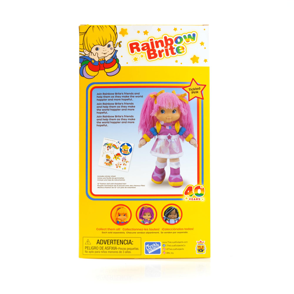 Yellow window gift style box packaging for Tickled Pink doll, gift ready.