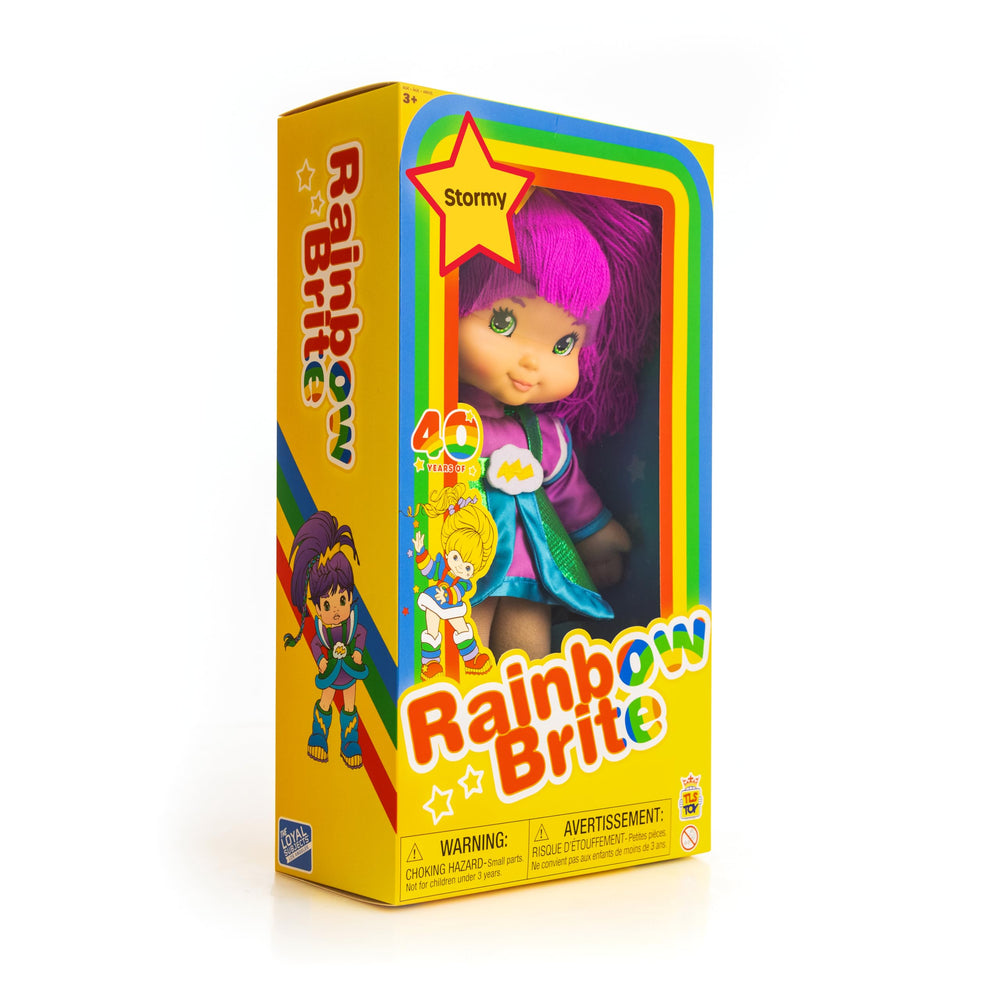 The Loyal Subjects Rainbow Brite Stormy doll includes a sticker sheet for customization.