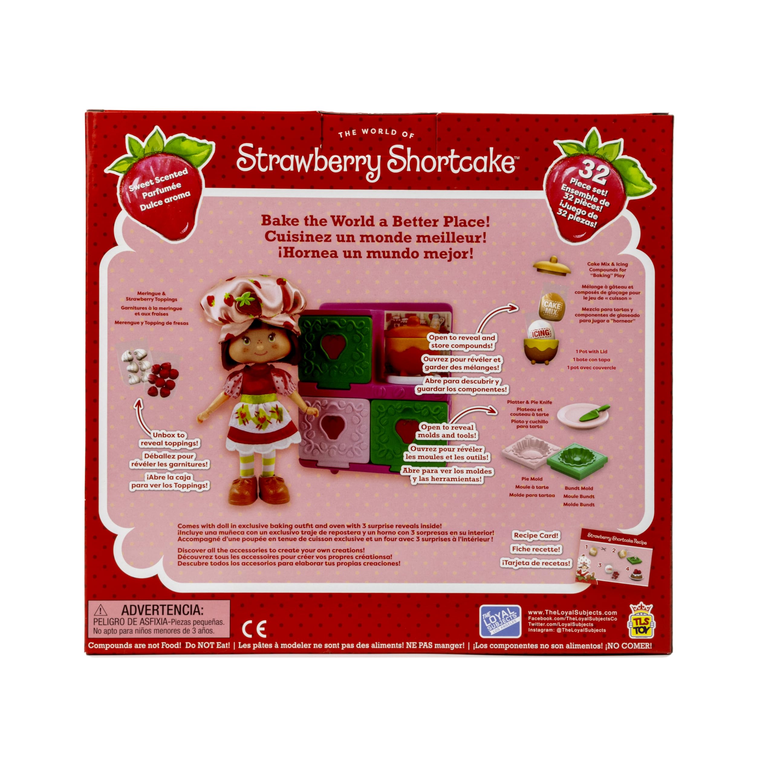 Play oven doors open and close to reveal baking accessories and surprises.