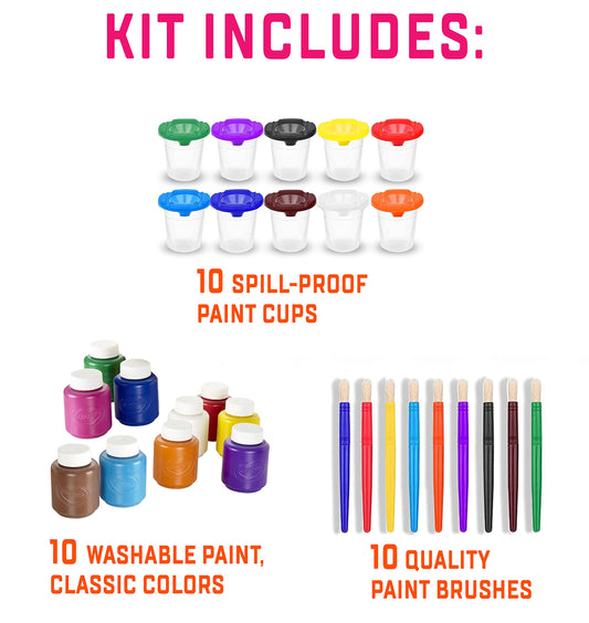 The Mega Deals set with no-spill cups supports tidy, kid-friendly art sessions.