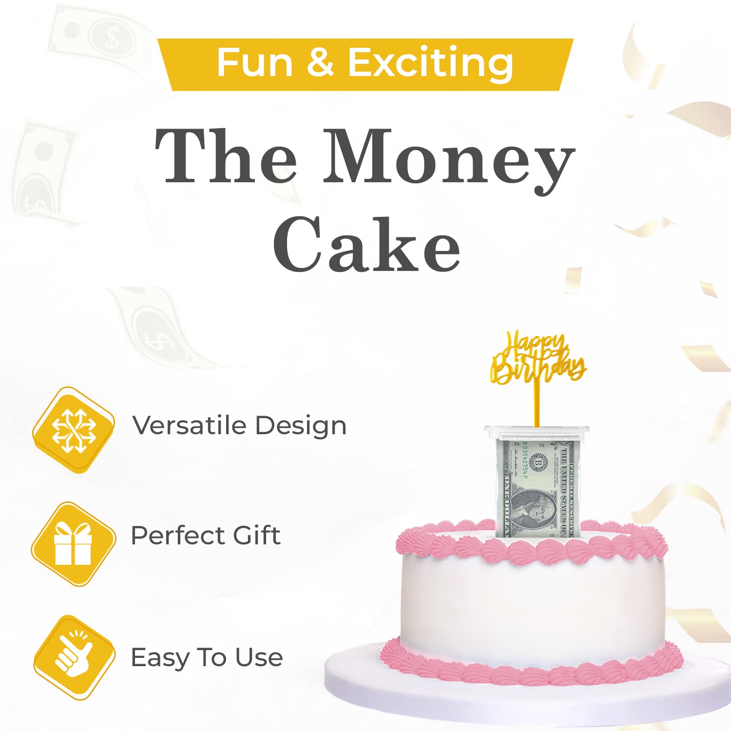 The Money Cake Happy Birthday topper, reusable cake decor.