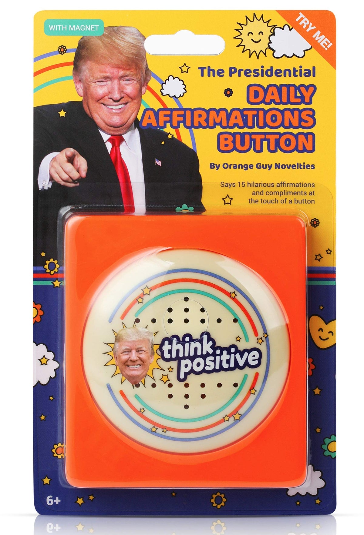 The Monocle Breakers Trump button on desk delivering 15 compliments to boost mood.