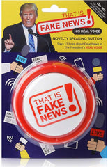 The Monocle Breakers Donald Trump Fake News Button front view with real voice quotes for office humor.
