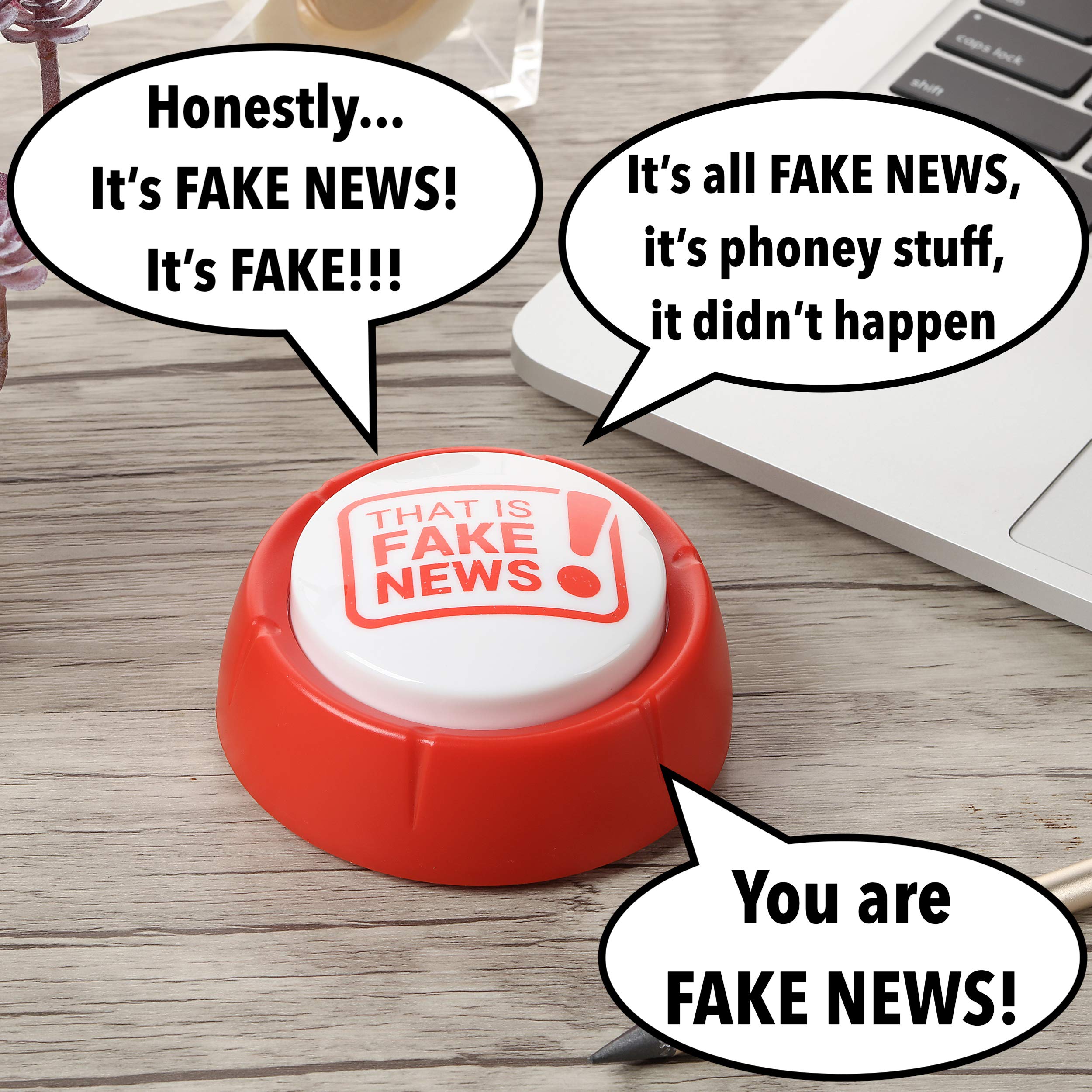 The Monocle Breakers fake news button in use delivers quick laughs at the desk.