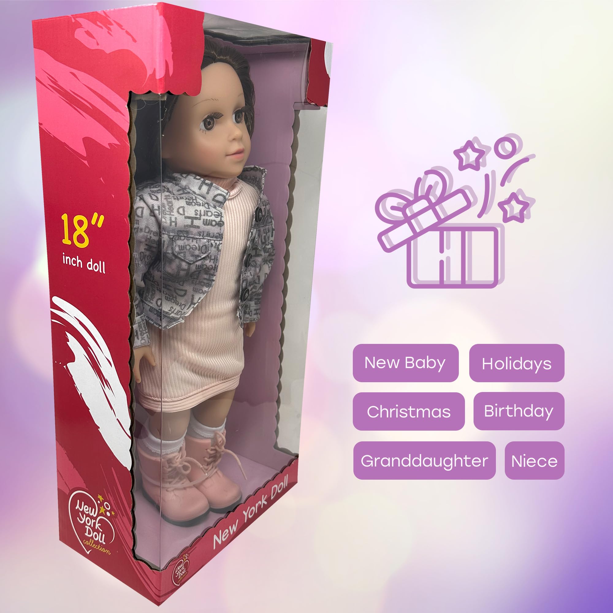 The New York Doll Collection 18in doll features jackets and tutu skirts for fashion moments.