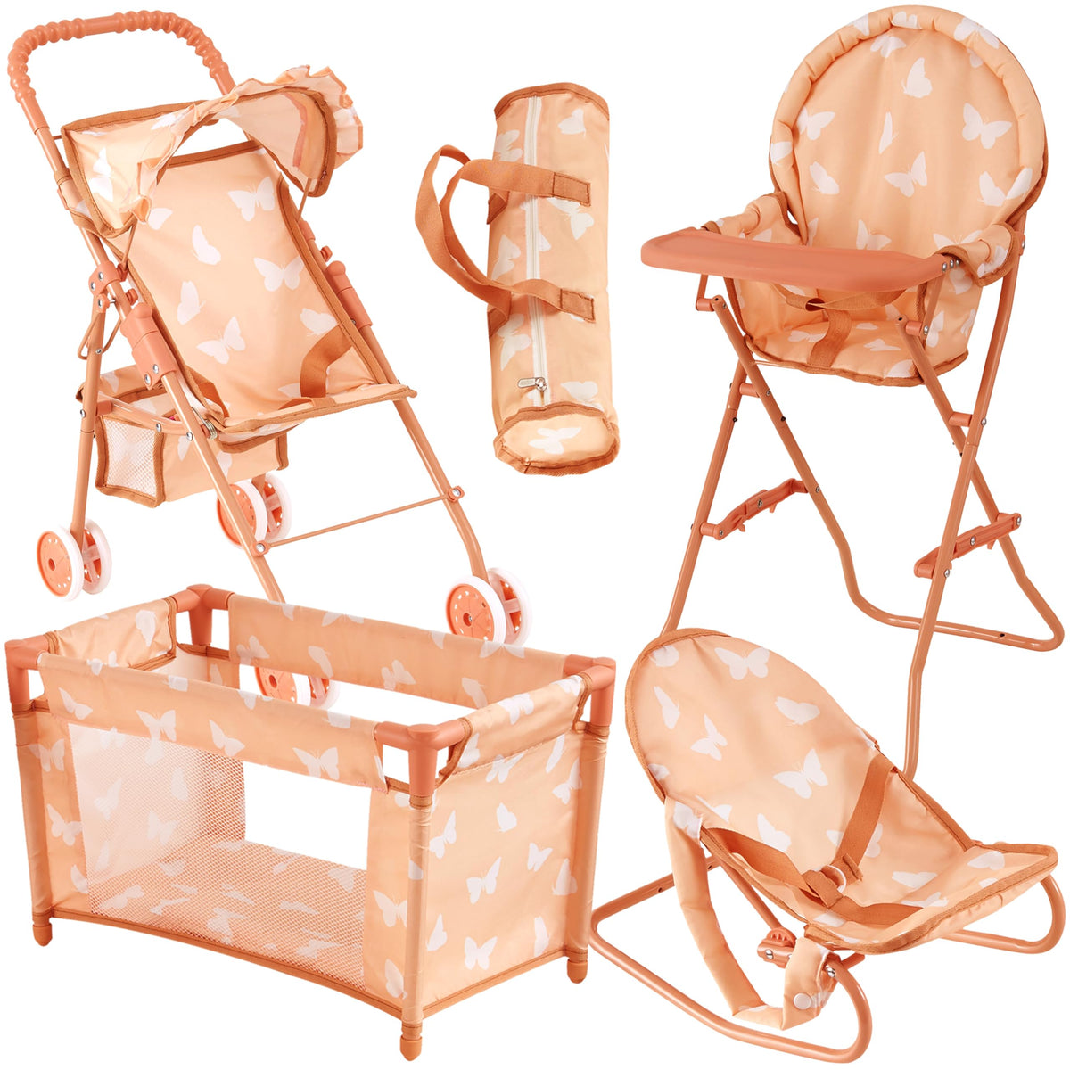 The New York Doll Collection 4-in-1 stroller butterfly design, portable for home and travel.