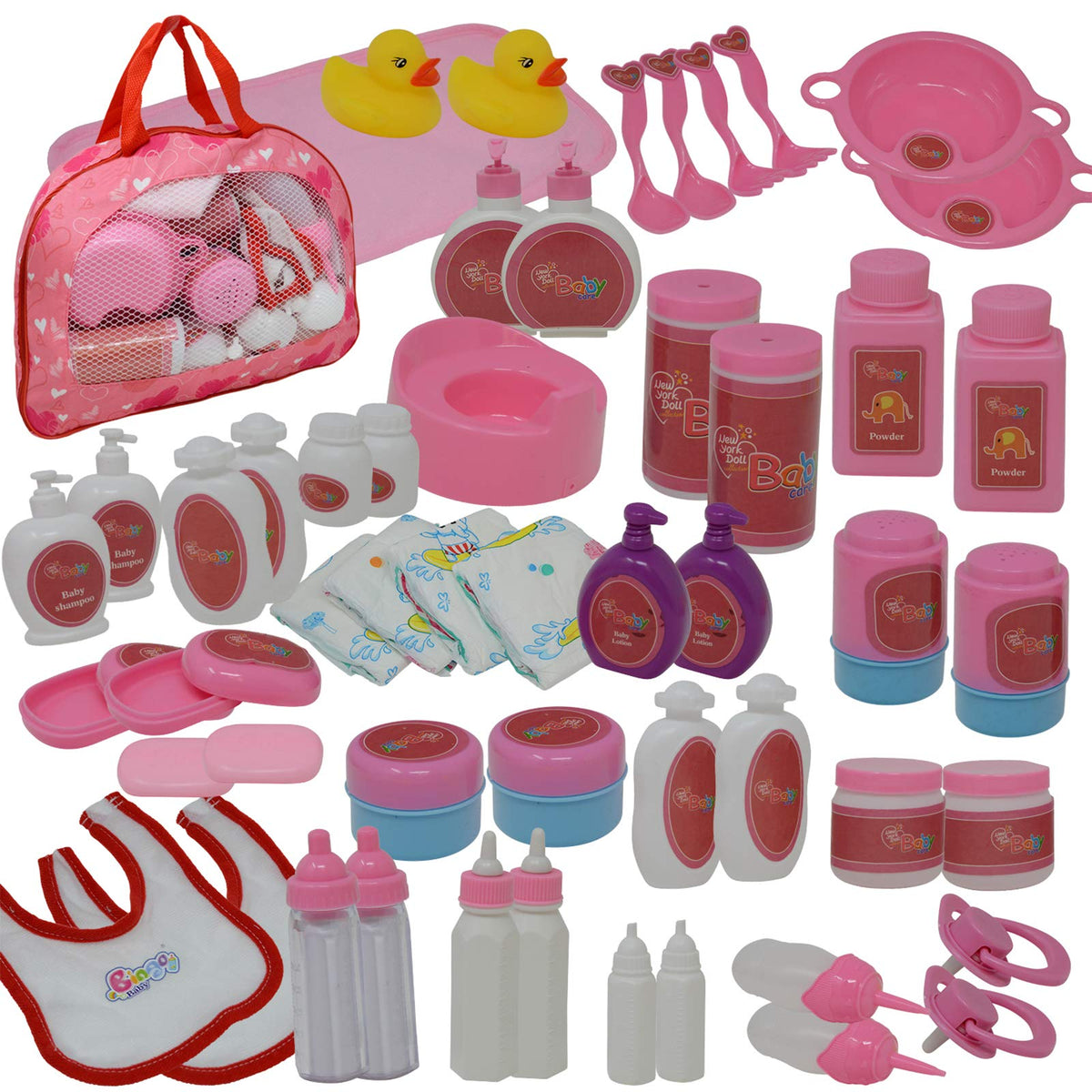 The New York Doll Collection baby doll feeding set supports pretend meals and nurturing play.