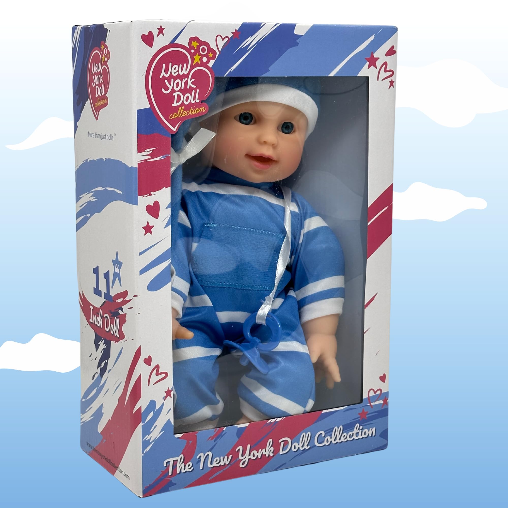 The New York Doll Collection includes a pacifier for realistic baby-doll interactions.
