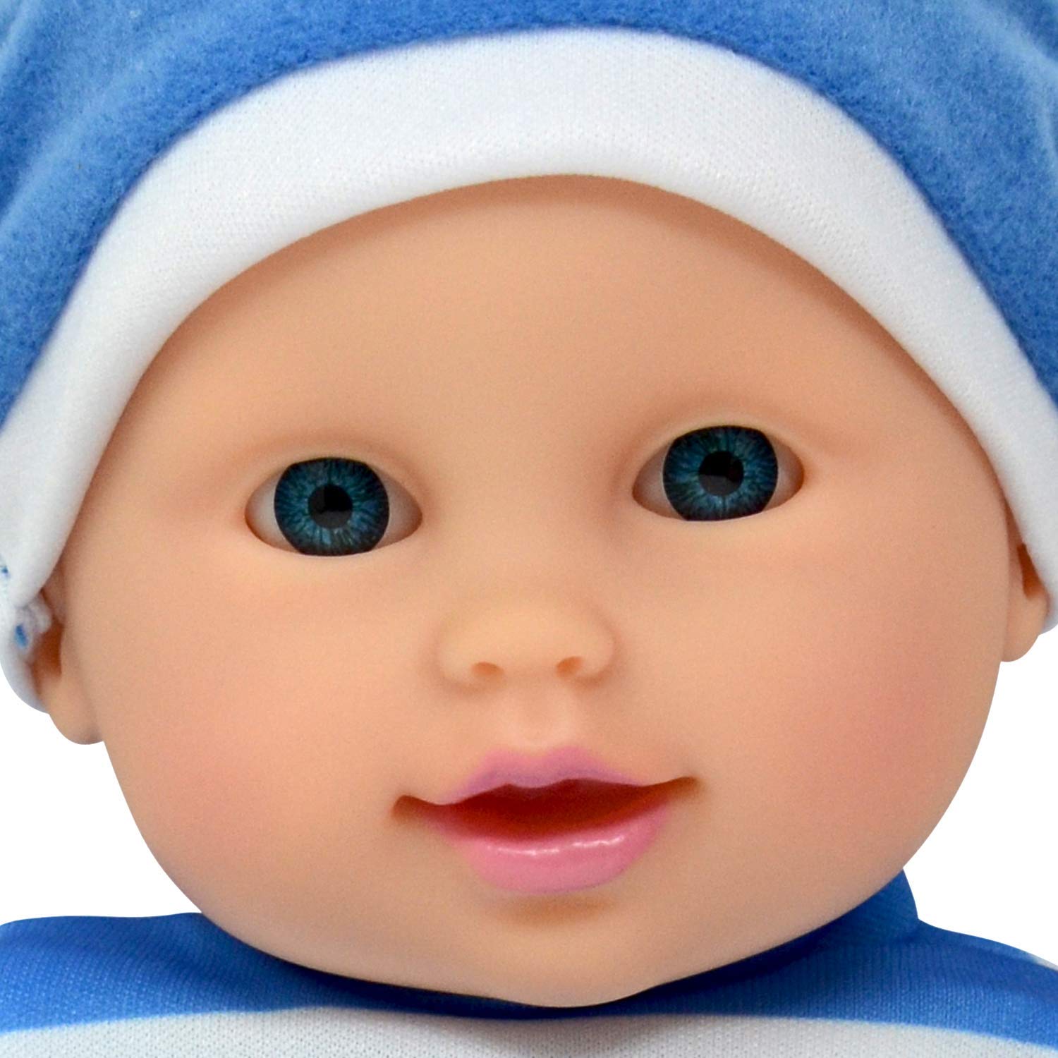 The New York Doll Collection doll in striped onesie and hat for stylish pretend play.