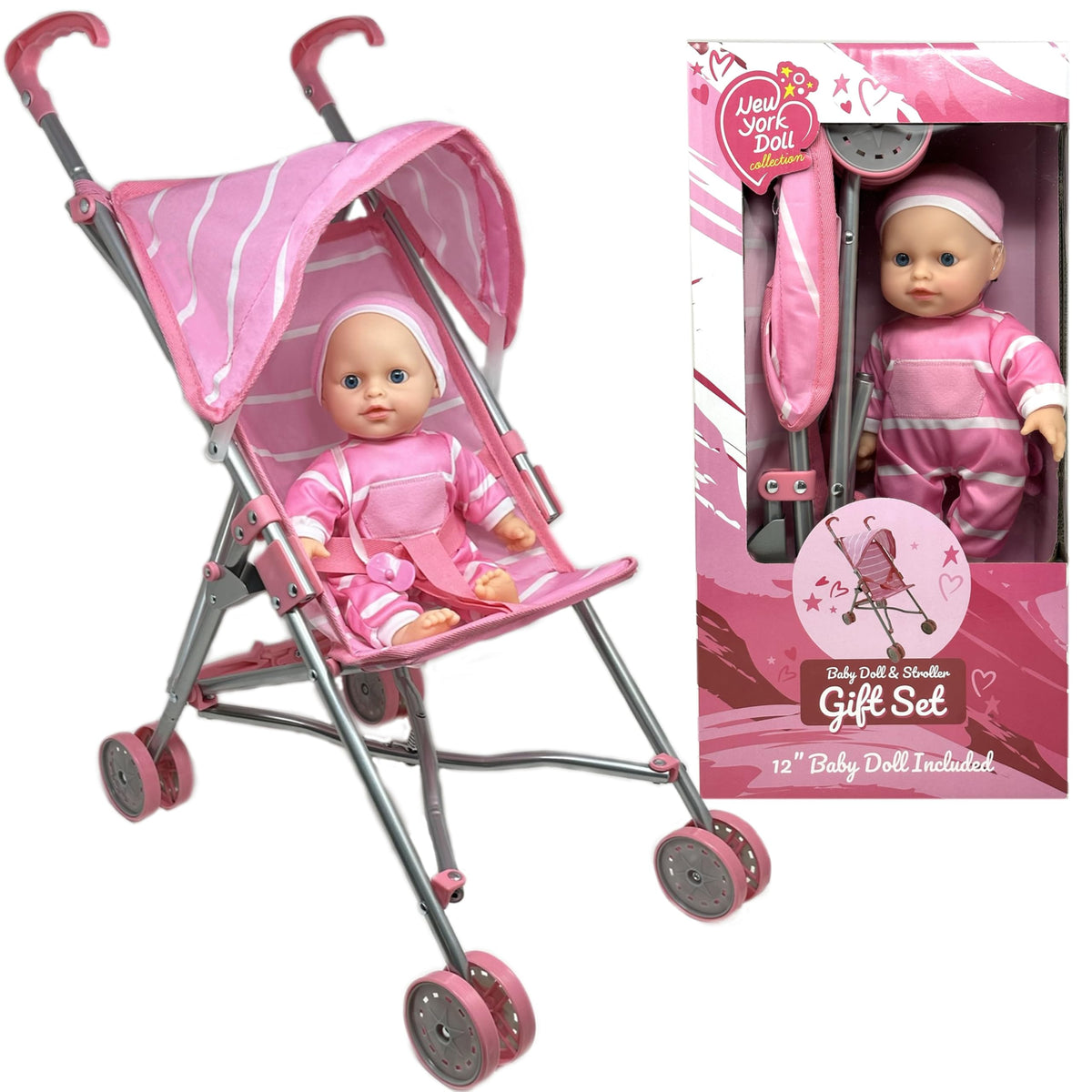 The New York Doll Collection baby doll stroller set folded for easy storage and transport.