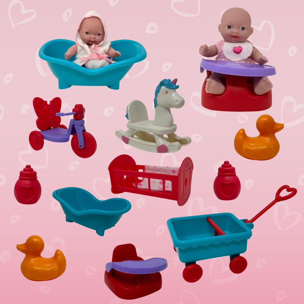 Brightly colored bath time scene with wagon and accessories for on-the-go play.