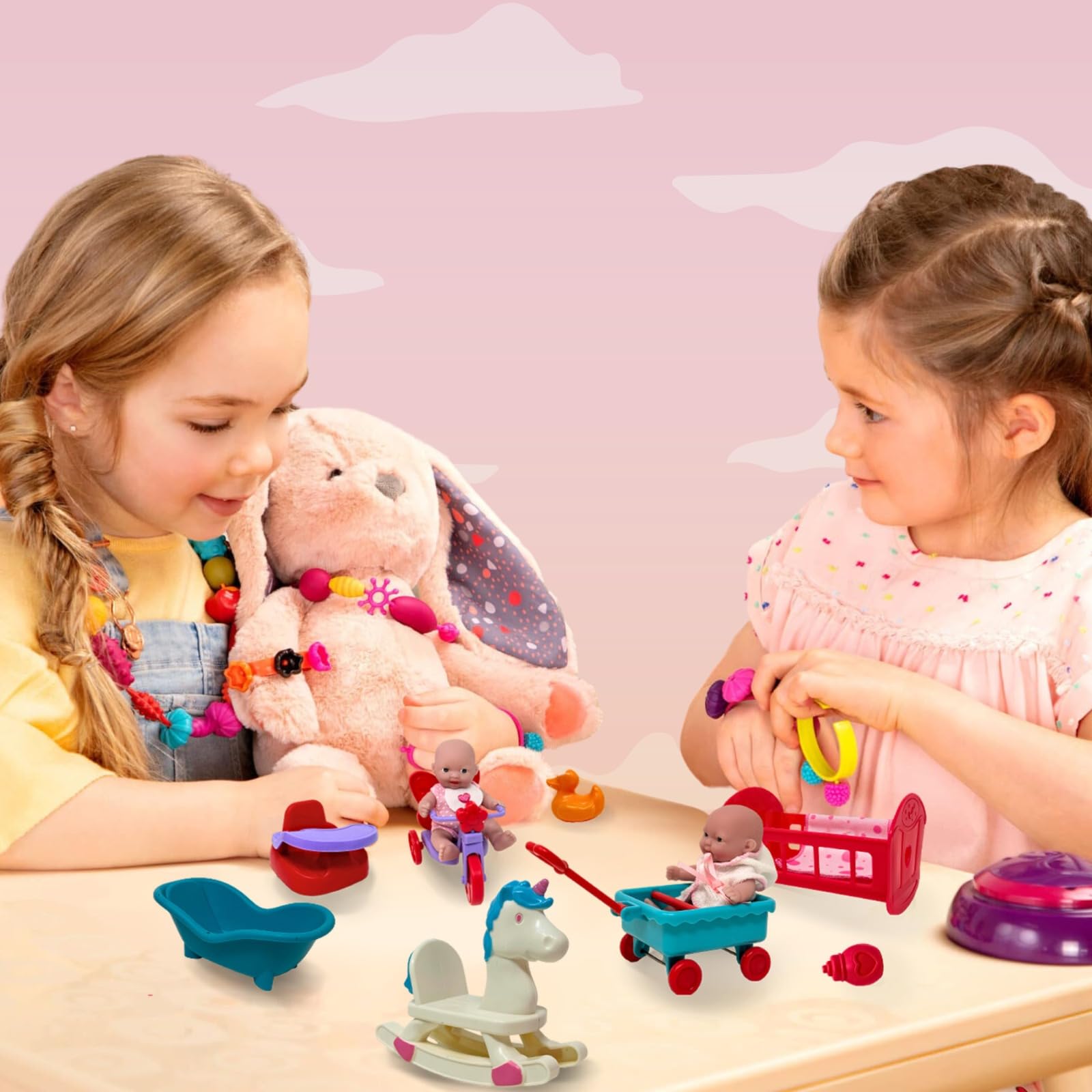 Doll bathtub, bed, and cozy blanket create a nurturing pretend space.