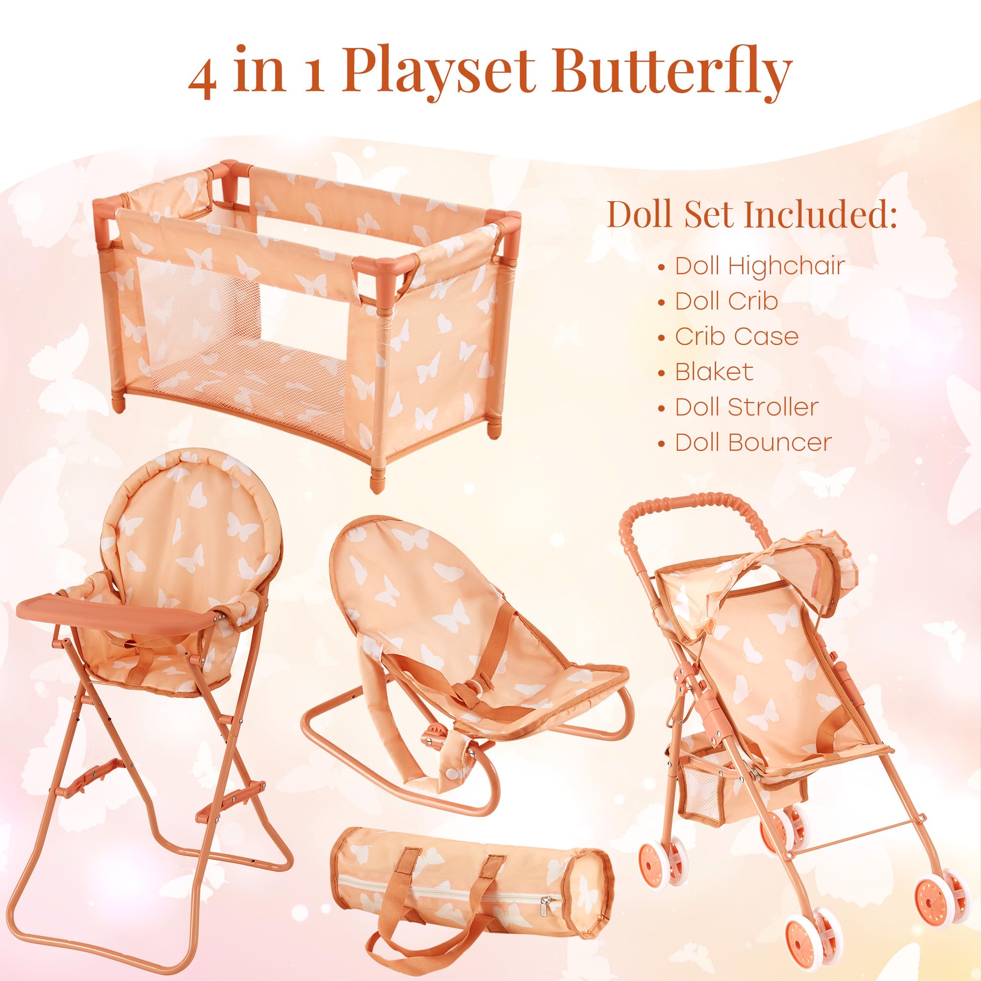 The New York Doll Collection doll bouncer and high chair, easy to clean after playtime.
