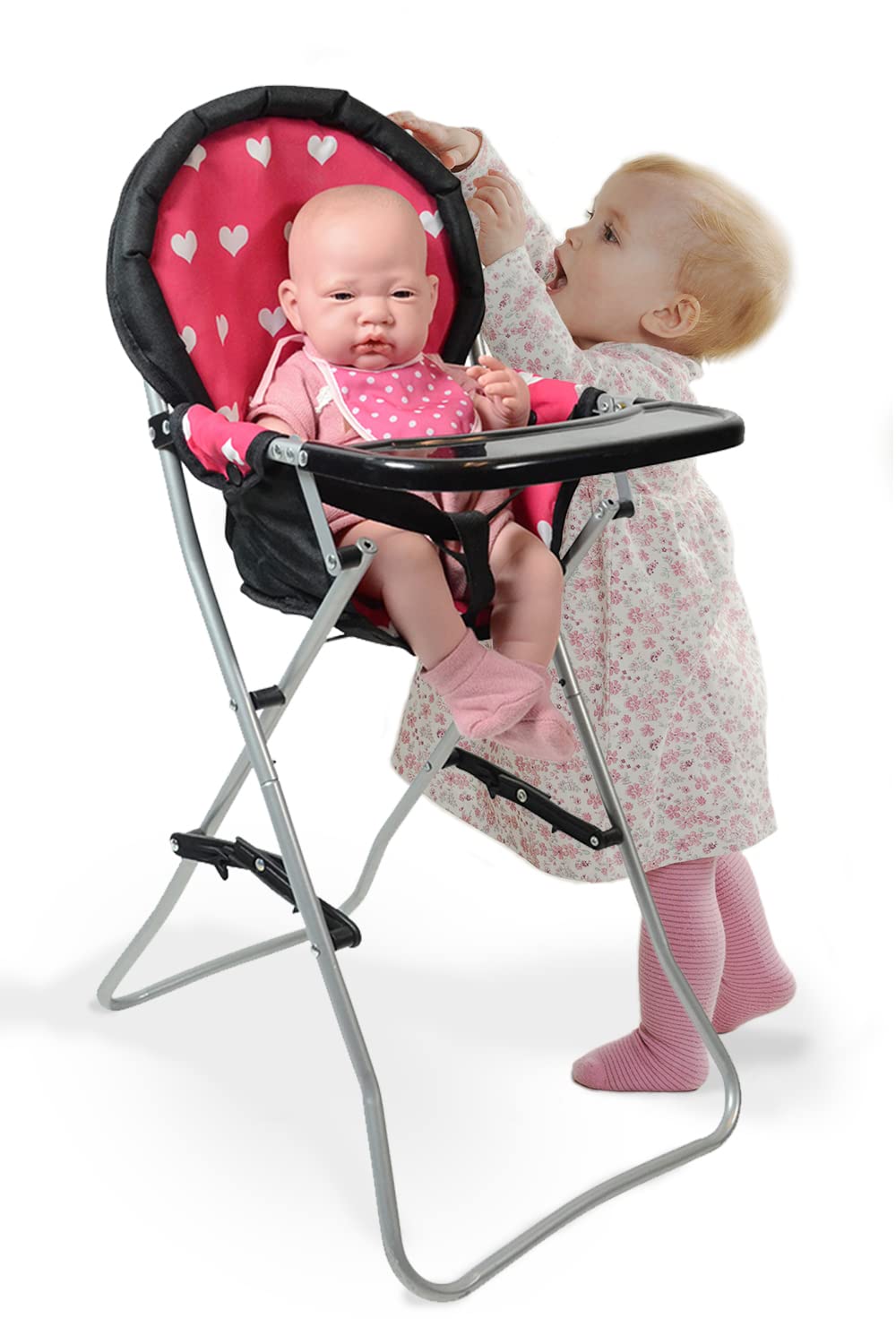 The New York Doll Collection pink hearts chair sparkles during imaginative meals