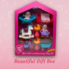 Doll highchair and bed invite caregiving and bedtime storytelling.