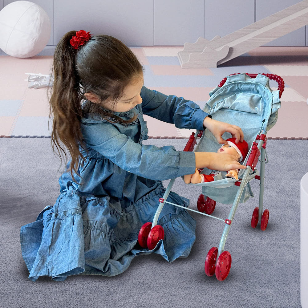 The New York Doll Collection doll stroller canopy provides shade during outdoor play