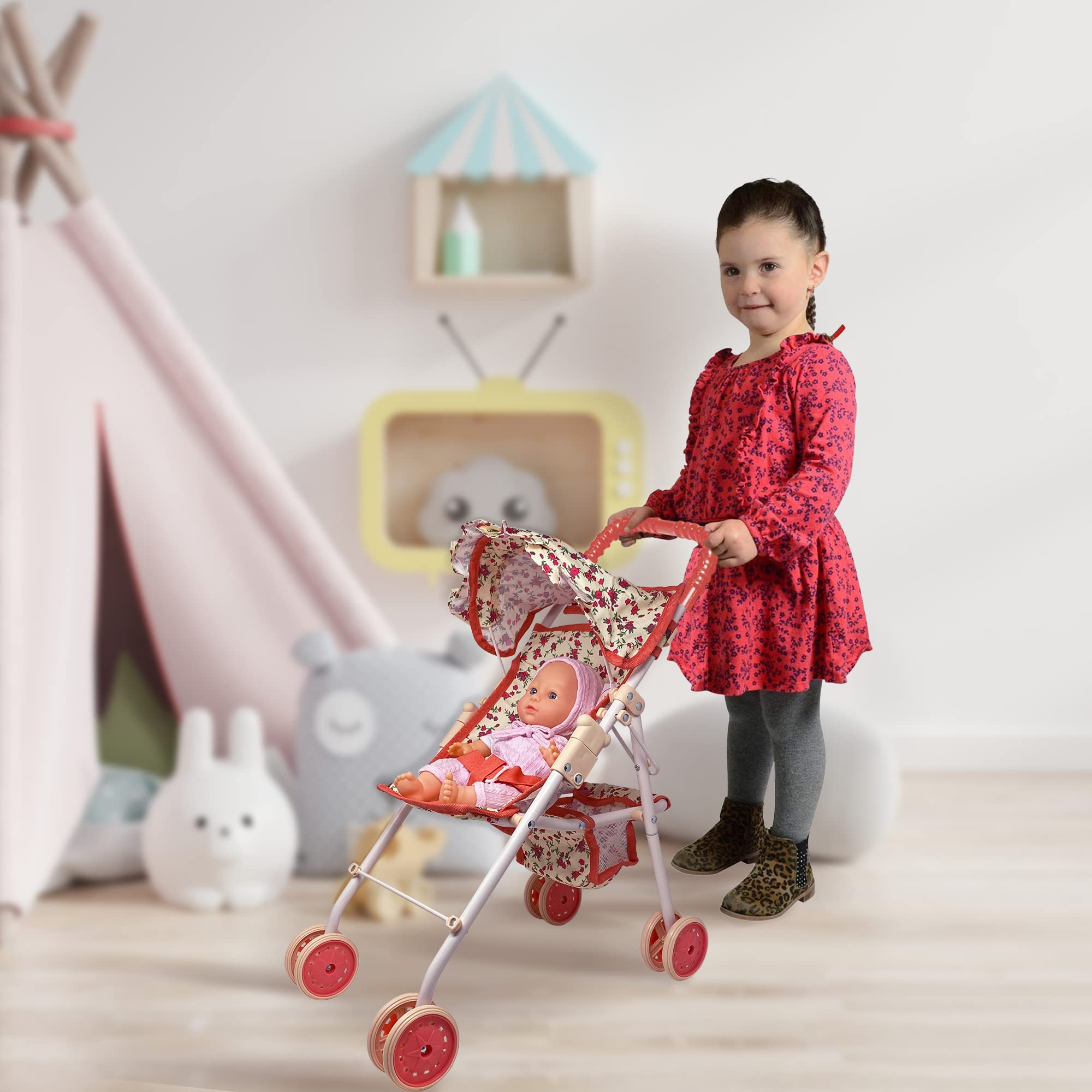 The New York Doll Collection Doll Stroller with Canopy provides shade during outdoor pretend play