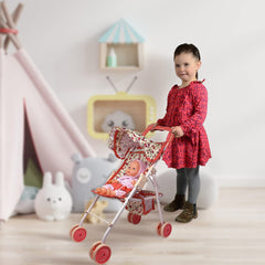 The New York Doll Collection Doll Stroller with Canopy provides shade during outdoor pretend play