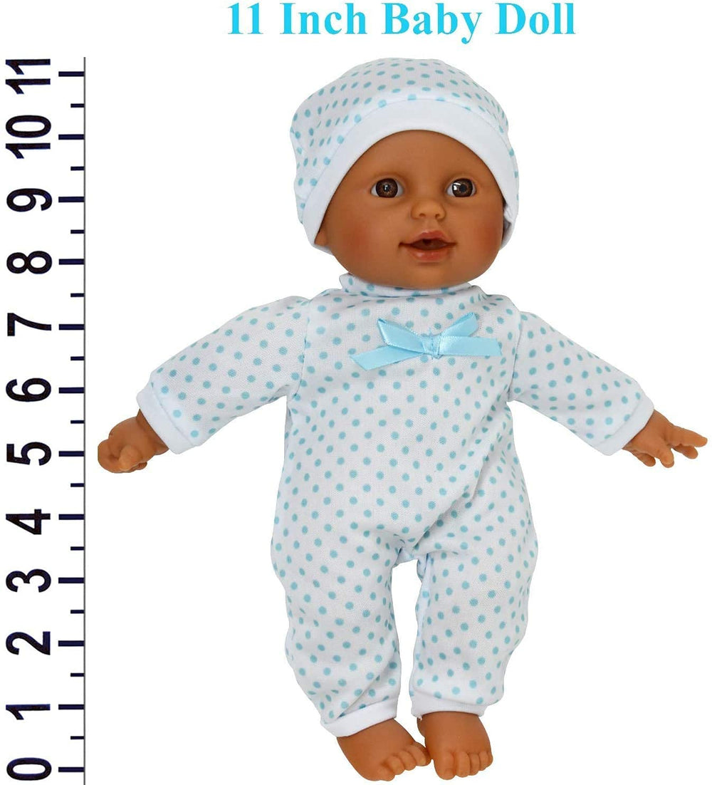 The New York Doll Collection Hispanic doll in polka-dotted onesie with hat for dress-up.