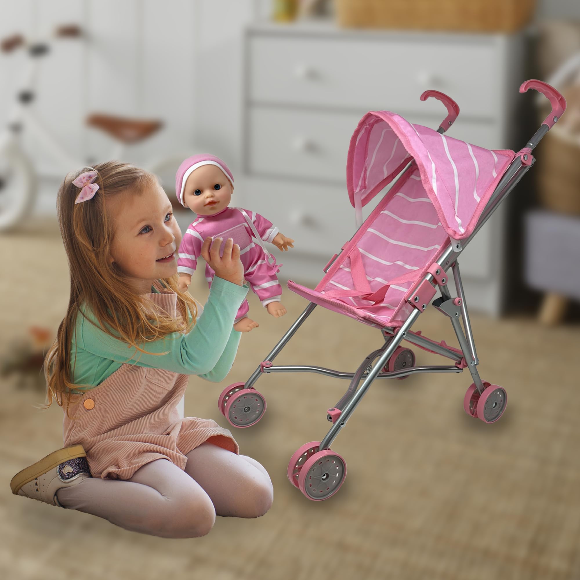 The New York Doll Collection matching outfit and stroller enhance cohesive play.