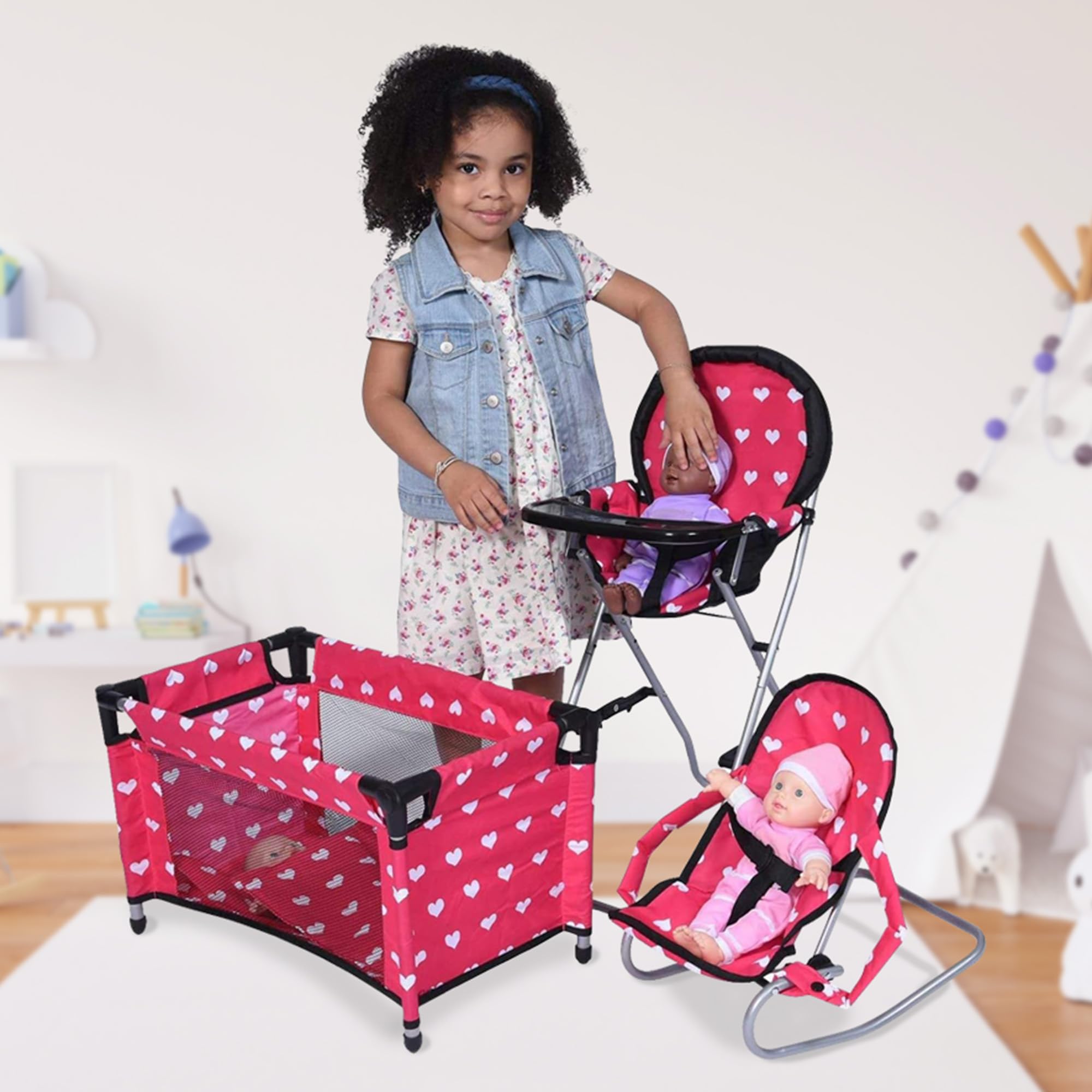 The New York Doll Collection Mega Doll Accessories Set compact dimensions support tidy rooms.