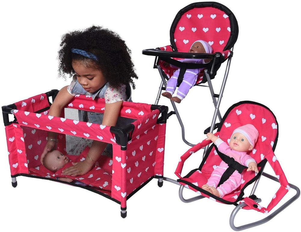 The New York Doll Collection Mega Doll Accessories Set folded high chair, easy storage solution.